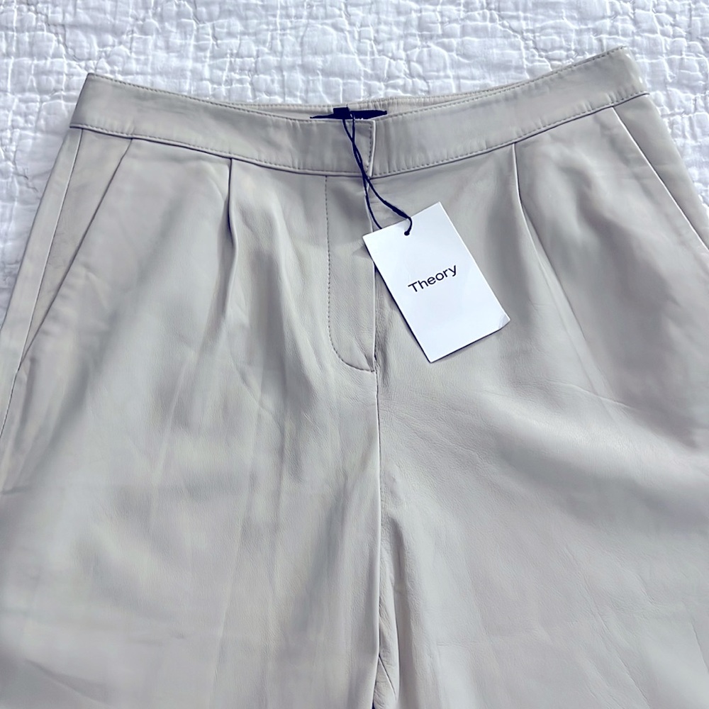 NWT Theory Pleated Leather Straight Leg Pant in Pale Stone - Picture 6 of 11